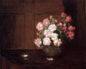 朱利安 奥尔登 威尔 : Roses in a Silver Bowl on a Mahogany Table